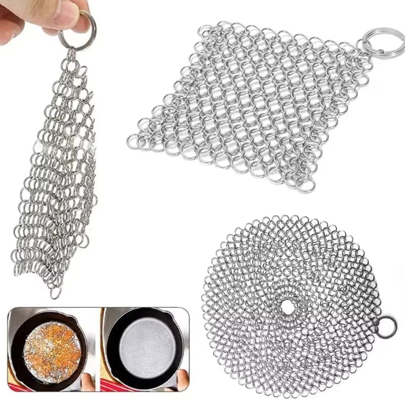 Botefei chainmail scrubber cleaning a cast iron skillet