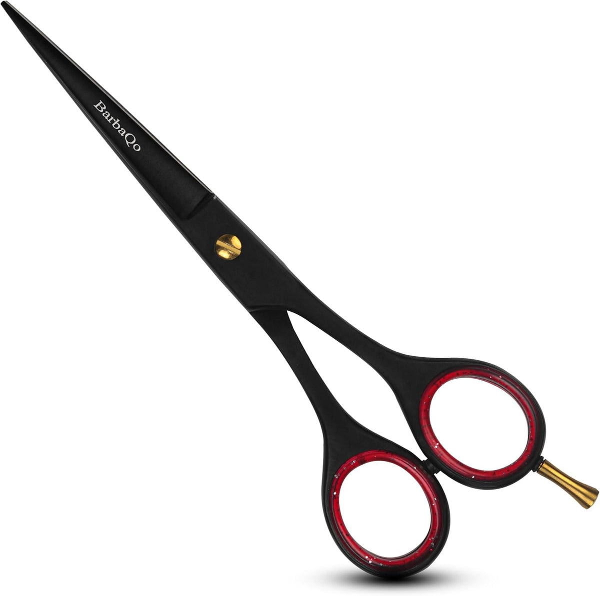 BarbaQo professional hair cutting scissors front view showcasing sharp stainless steel blades and red finger inserts.