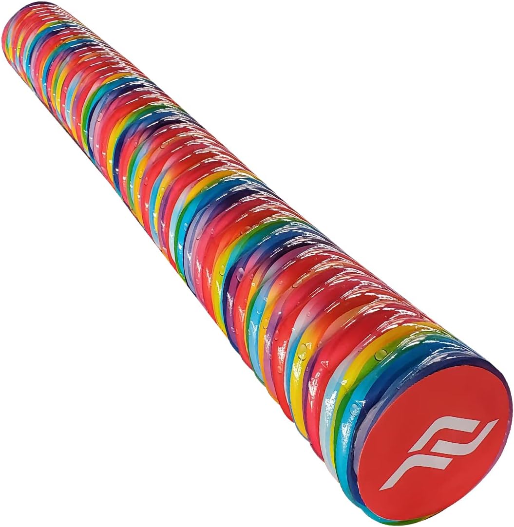 IMMERSA jumbo swimming pool noodle front view colorful stripes floating in clear blue water