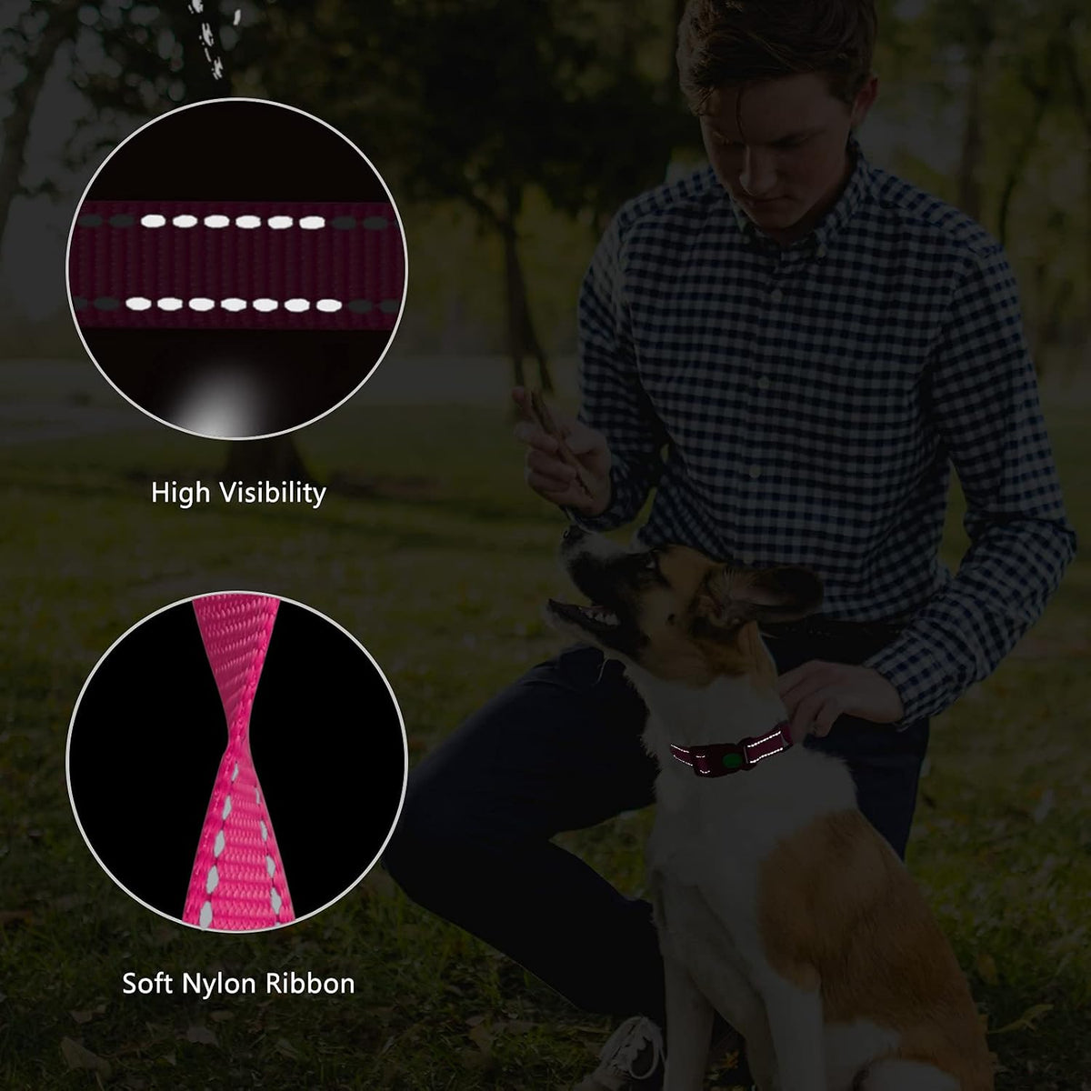 Premium pink reflective dog collar showing high visibility nighttime stitching