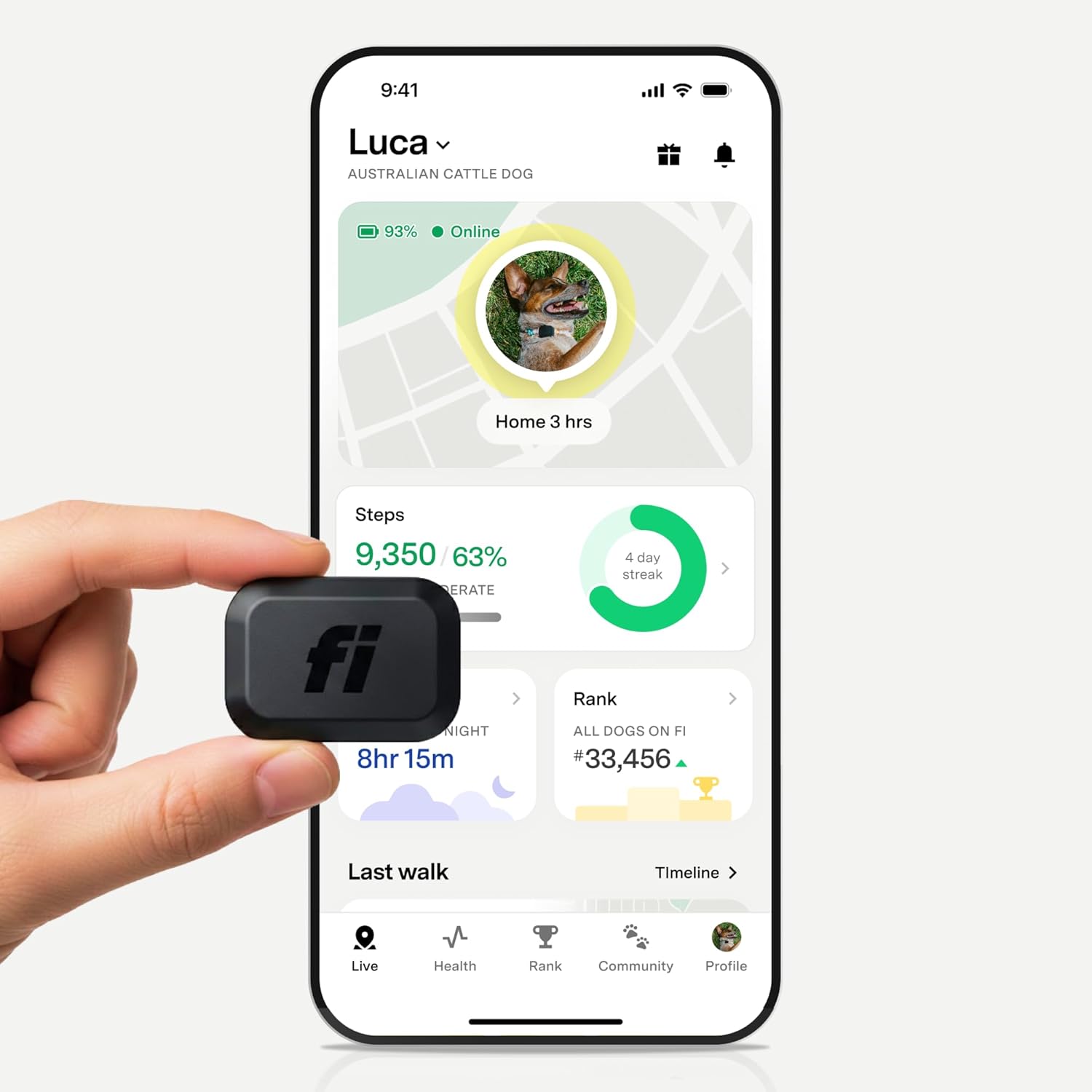 Fi Mini GPS Tracker front view showcasing the ultra lightweight smart pet tracking collar attachment.