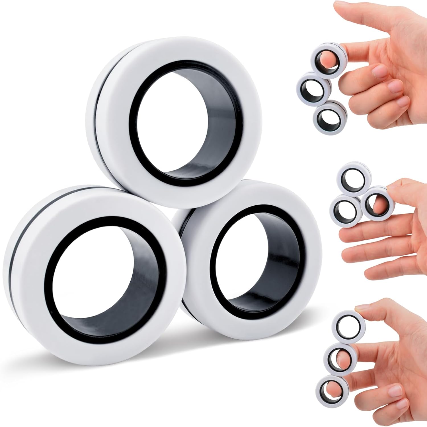 BunMo Cevioce magnetic ring fidget toys set front view featuring three white rings with black magnetic centers.