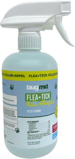 BugMD plant based flea treatment bottle details and application instructions