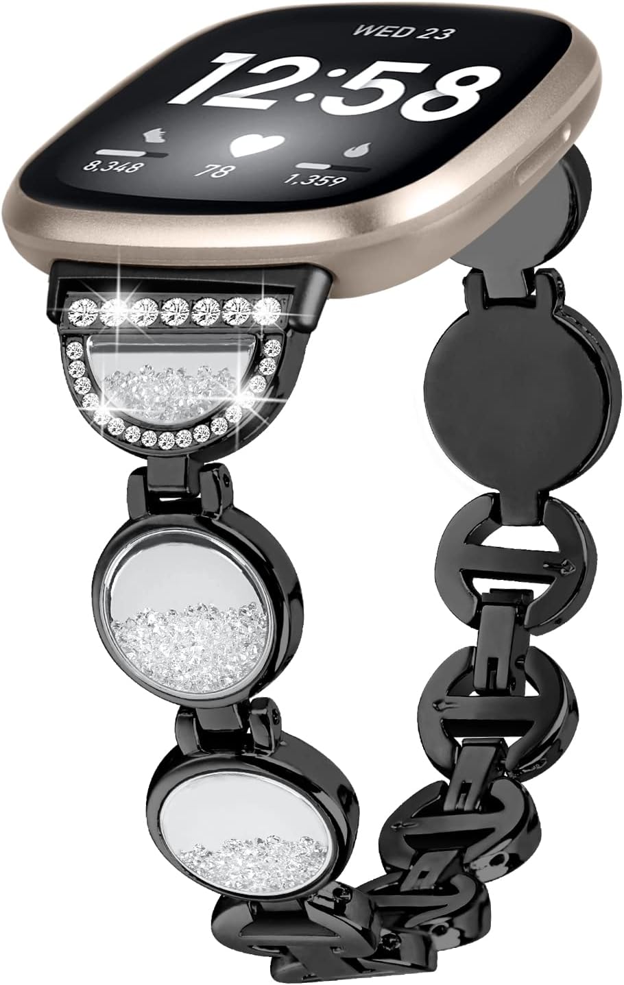 NineHorse Bling Band front view of black crystal watch strap for Fitbit Versa 4