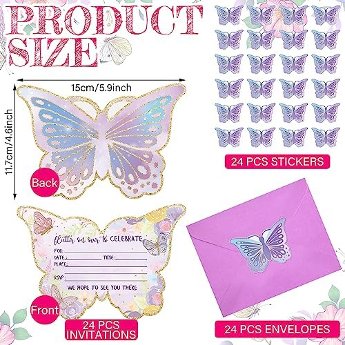 Hotop 24 piece butterfly party kit with matching purple envelopes and sticker sheet