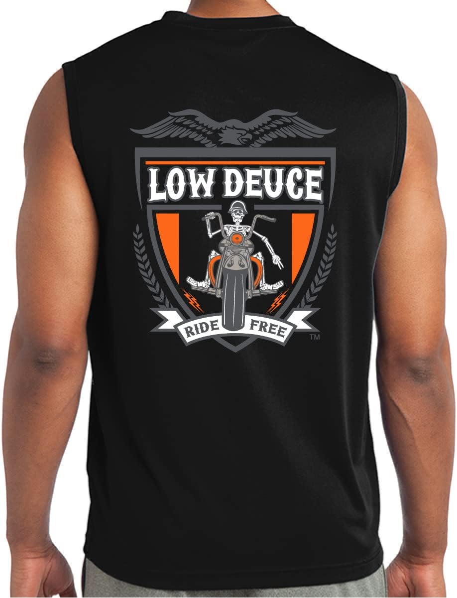 Low Deuce motorcycle sleeveless biker shirt front view black muscle tank top for men.