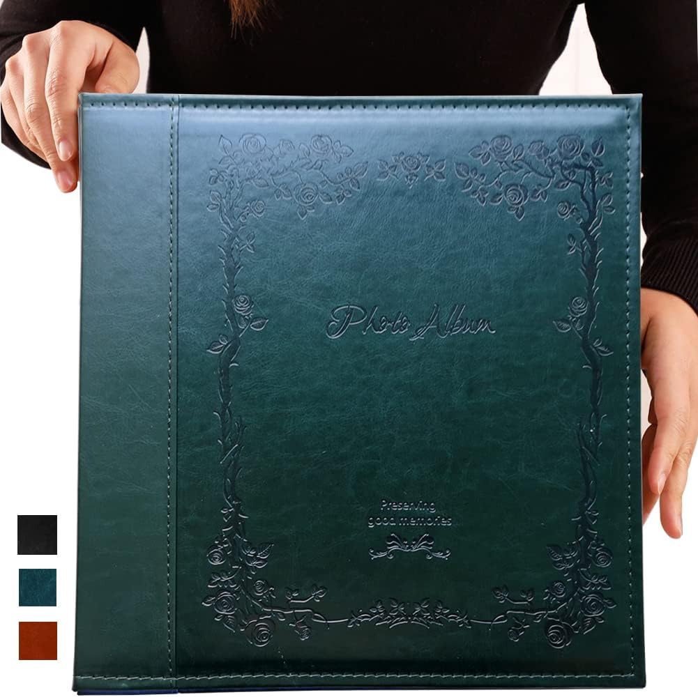Totocan 4x6 photo album 600 pockets front view showing dark green vintage leather cover with embossed rose design