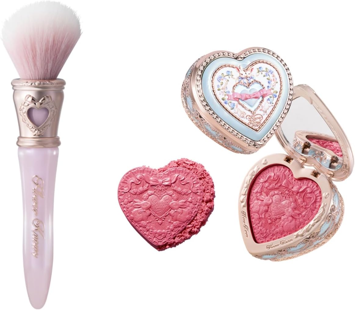 Flower Knows Bunny Garden Embossed Blush & Brush Set,Talc-Free Rose Satin Powder Blush,Highly Pigmented,Buildable&Blendable,Dimensional Cheek Color for a Luminous Finish,Gift-Worthy(S02 Berry Bunny) - Image 1