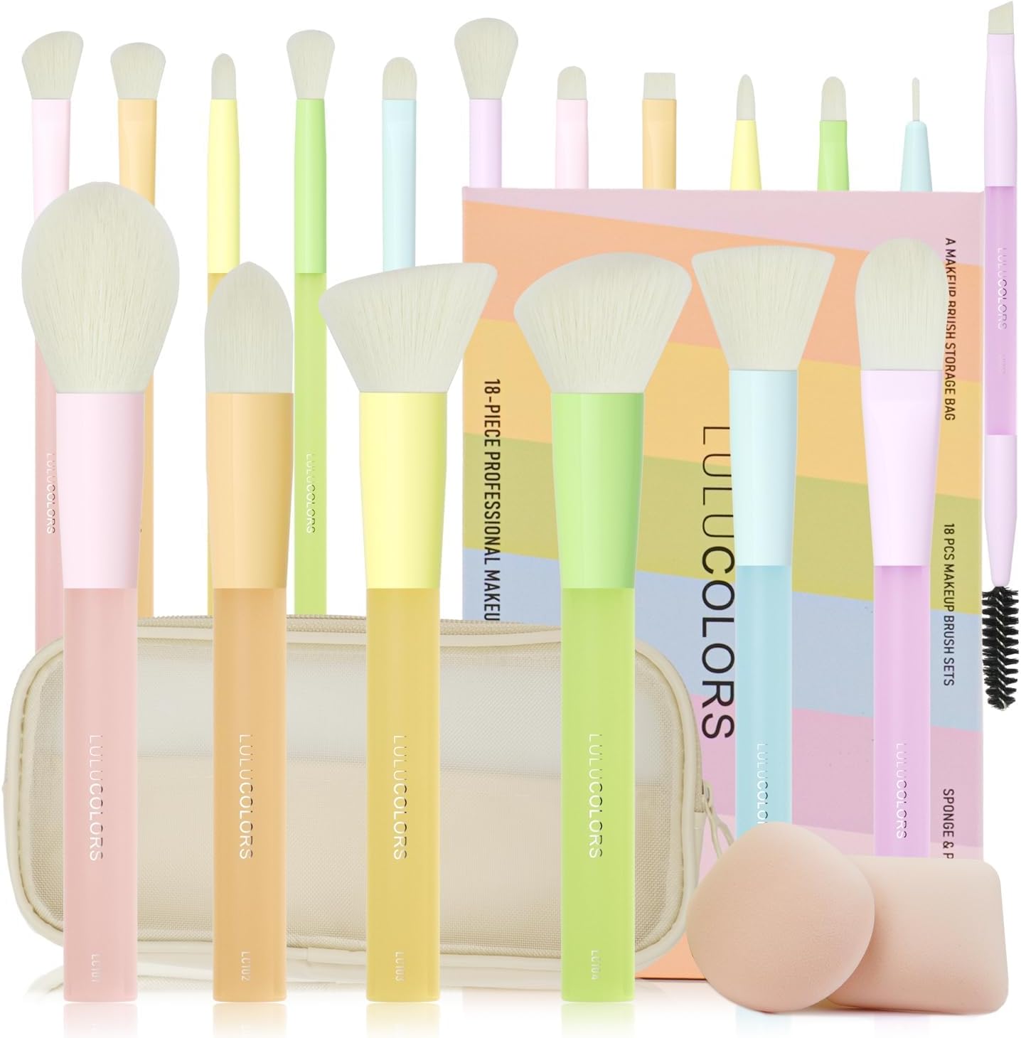 LULUCOLORS 18-Piece Makeup Brush Set front view showing multi-color pastel handles and soft bristles