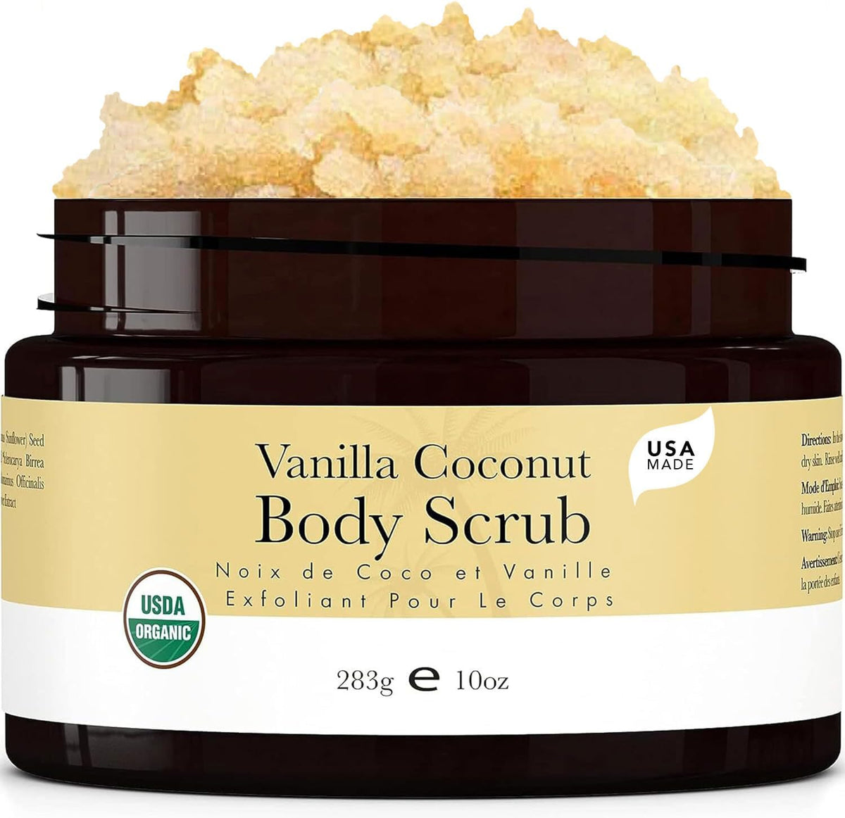 Beauty by Earth organic vanilla coconut body scrub front view jar