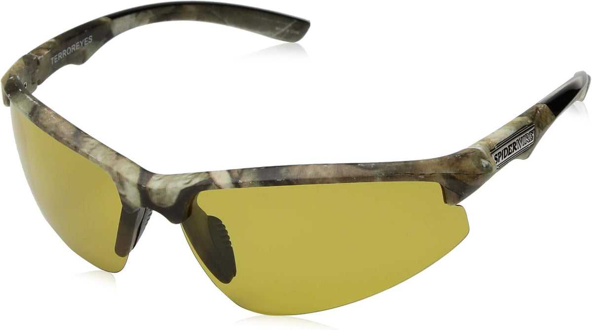 Spiderwire Terror Eyes sunglasses front view showing matte camo frame and amber lenses