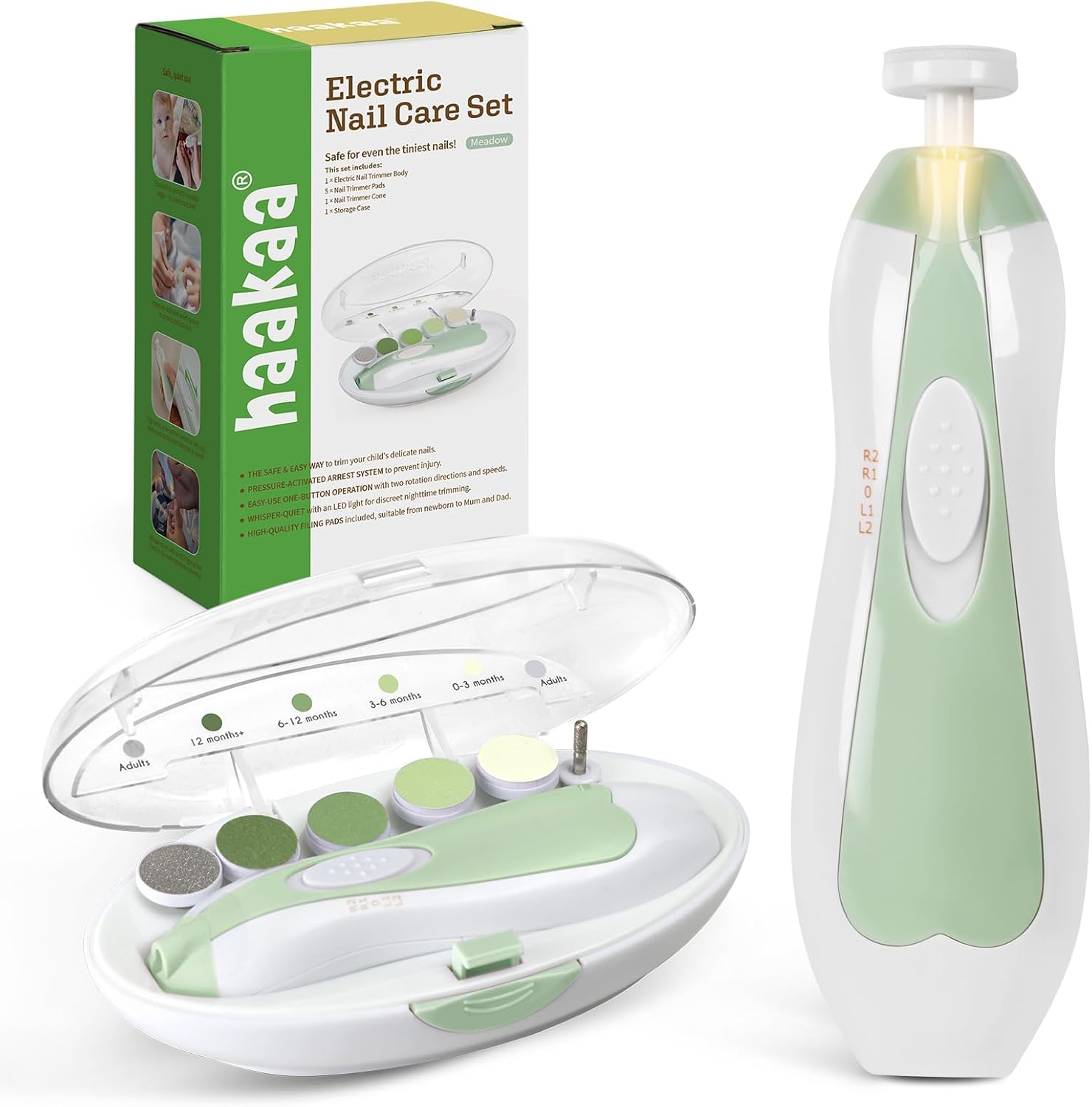 Haakaa Electric Baby Nail Care Set front view in green meadow color