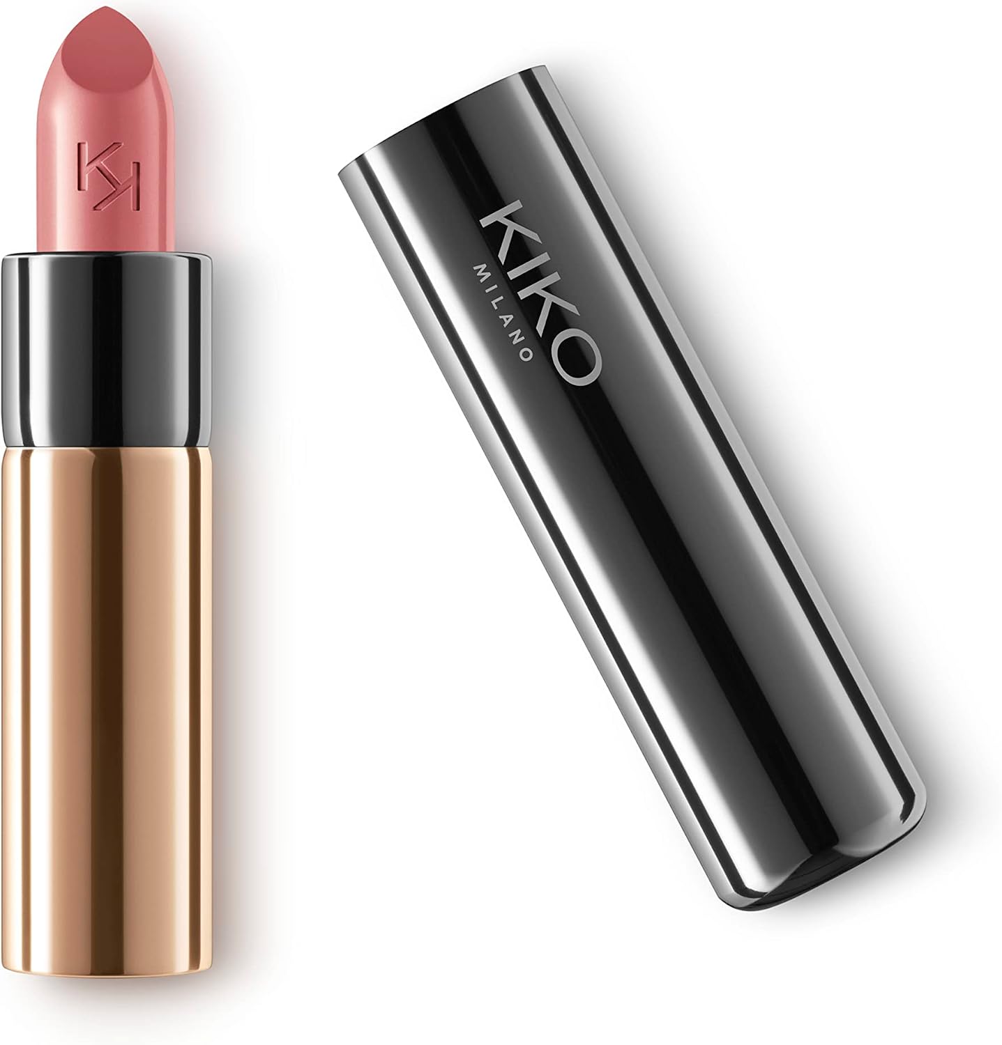 Kiko Milano Gossamer Emotion Creamy Lipstick front view showcasing the metallic gunmetal barrel case.