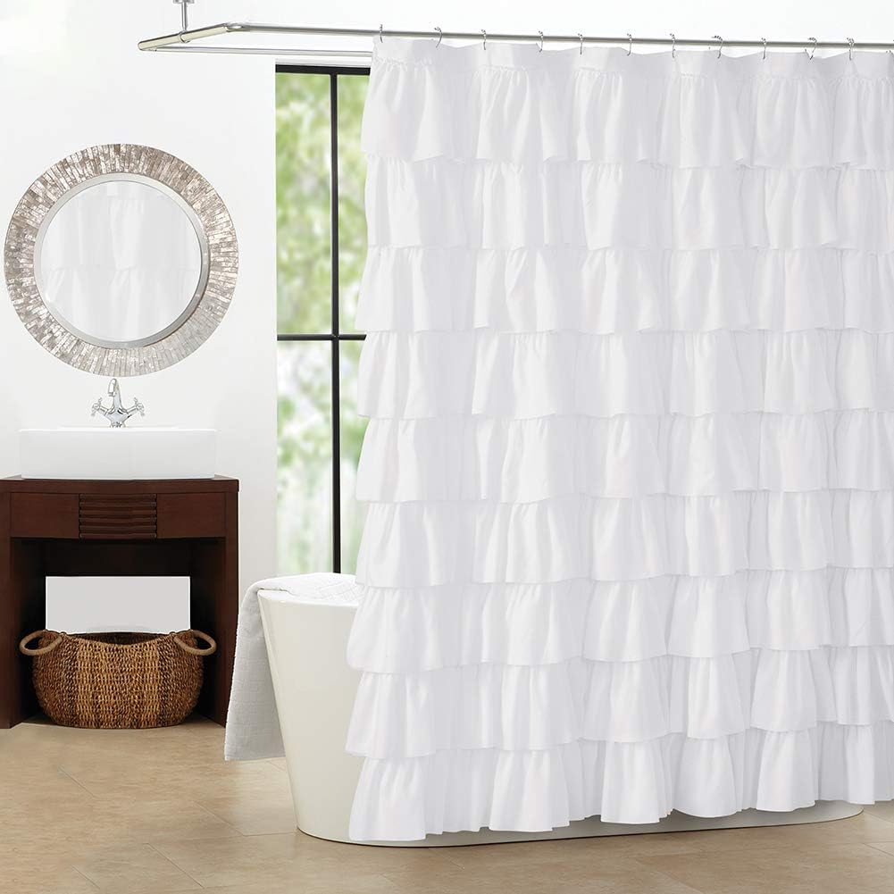 WestWeir White Ruffle Shower Curtain front view hanging beautifully in a farmhouse style bathroom setup.