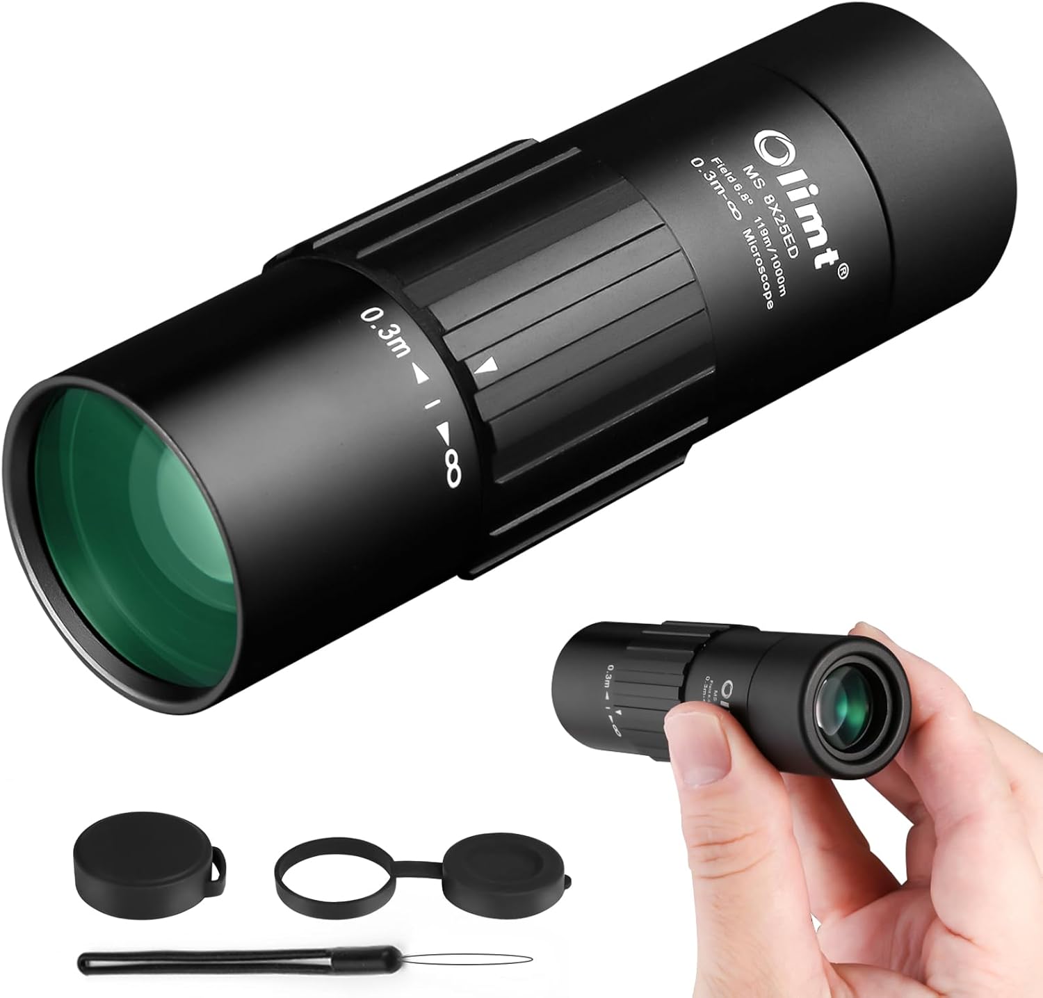 Olimt 8x25 Monocular Telescope front view highlighting the compact pocket size and premium objective lens.