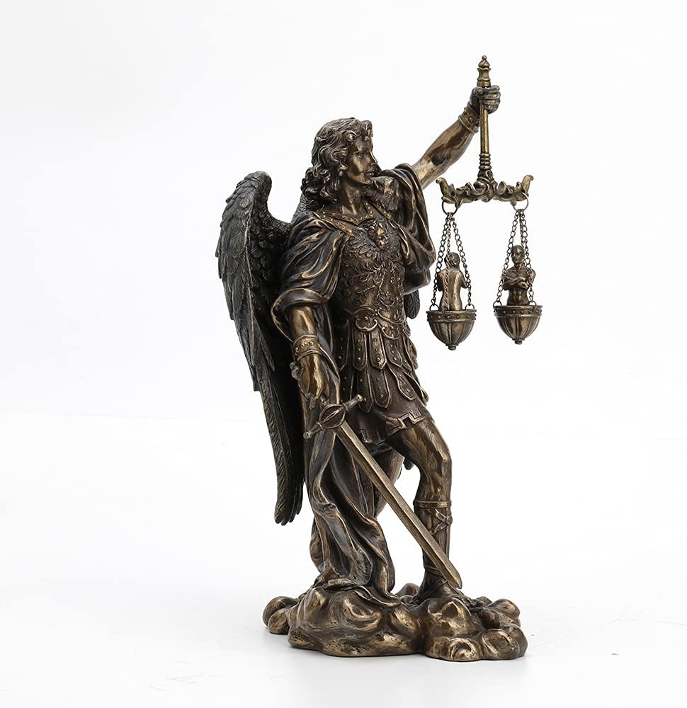 Lifestyle display angle of the antique bronze finished archangel sculpture.