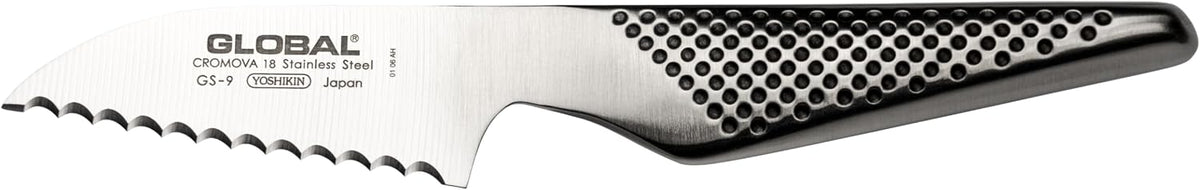 Global GS-9 serrated tomato knife front view kitchen tool