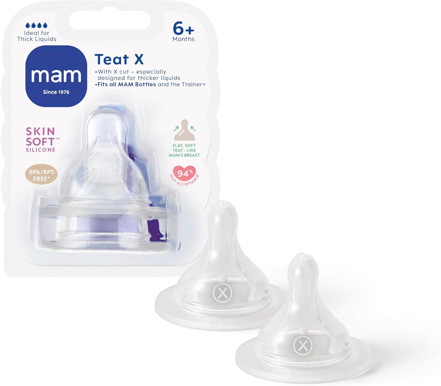 Pack of 2 MAM Silicone Baby Bottle Nipple Cross Cut 6+ months - Image 1