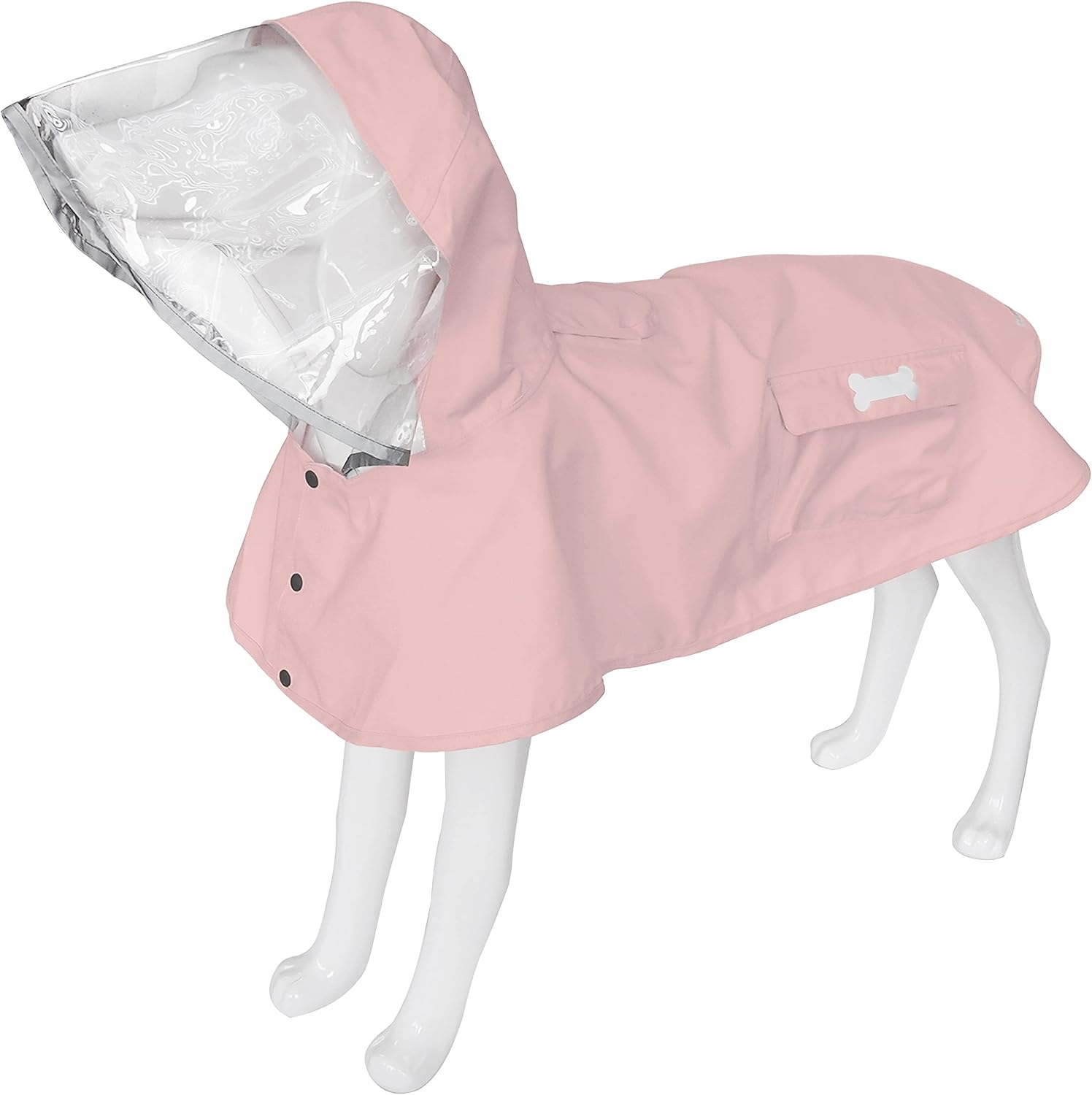 MAMORE pink dog raincoat front view showing the transparent hood on a small pet.