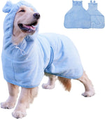 Fnaobai Pet Bathrobe front view of blue microfiber dog robe with hood