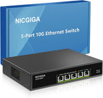 NICGIGA 5 Port 10G Ethernet Switch front view showing multi gigabit RJ45 network ports.