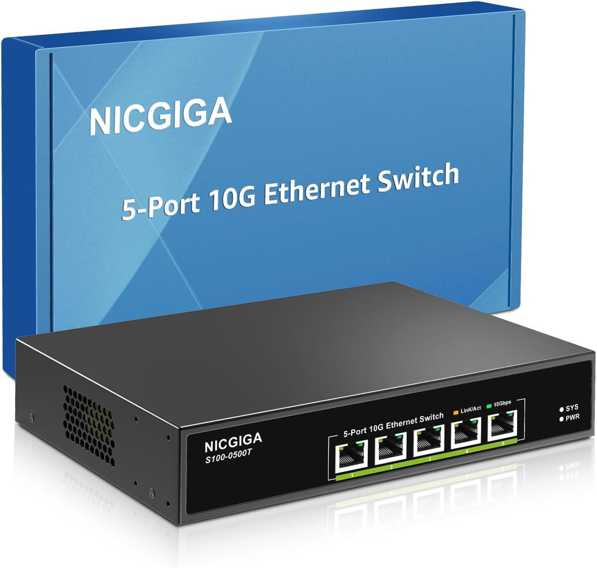 NICGIGA 5 Port 10G Ethernet Switch front view showing multi gigabit RJ45 network ports.
