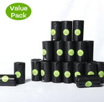 Odour-lock black plastic bags being detached smoothly from the jagged sticker roll.