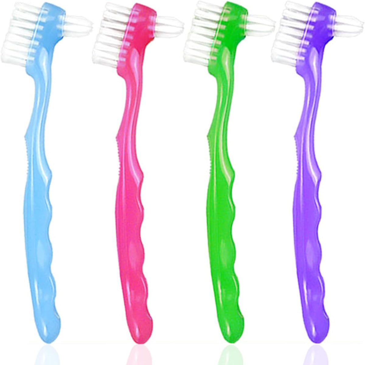 Geodurn denture brush 4 pieces pack front view showing dual head bristles and premium rubber handle.