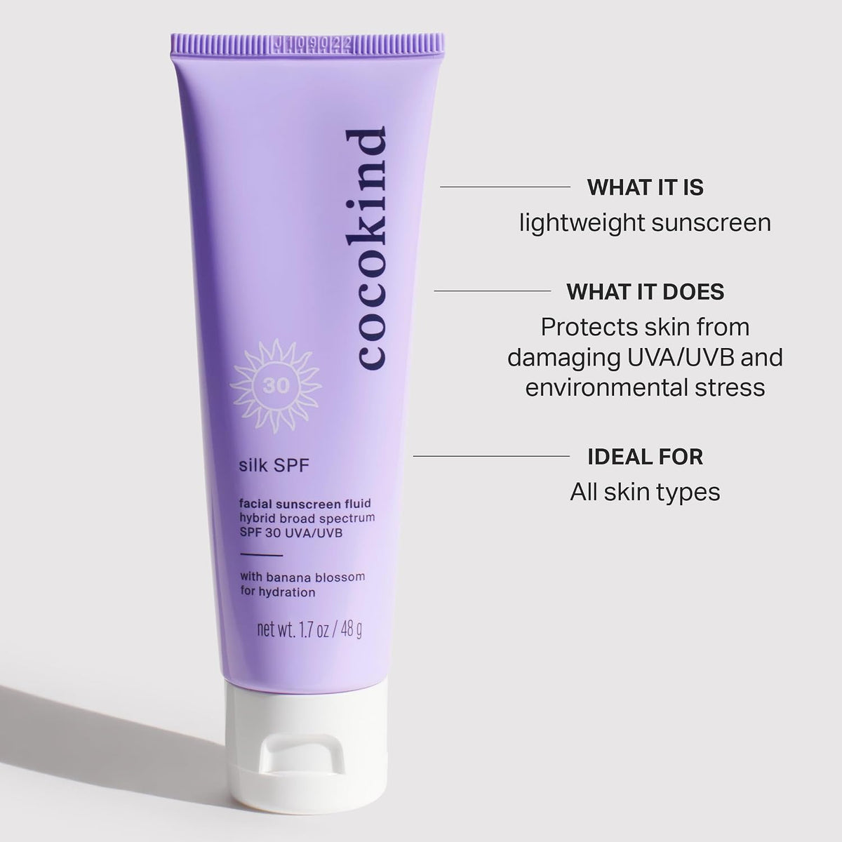 Cocokind lightweight sunscreen tube displaying product texture and consistency