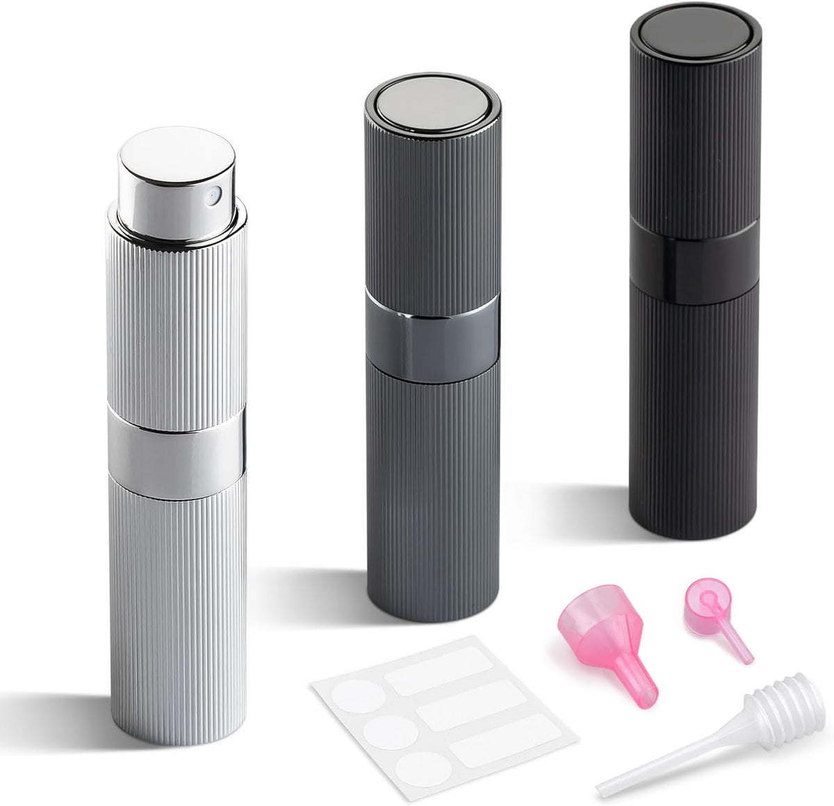 LISAPACK 8ml refillable perfume atomizer with grey and black stripes & bottles for liquid