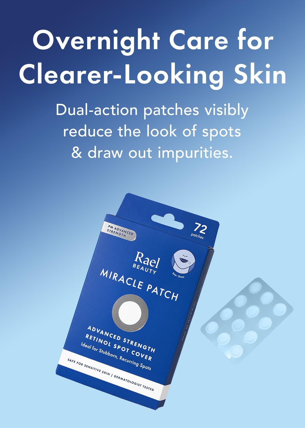 Rael hydrocolloid pimple patches showing the 72 count clear sticker sheets for facial acne