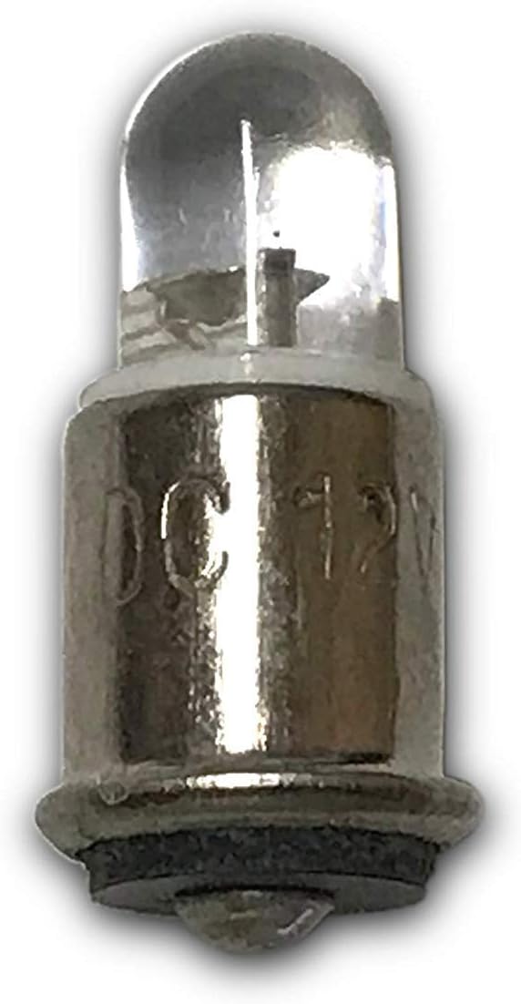 Close-up of the midget flanged metal base and clear glass envelope.
