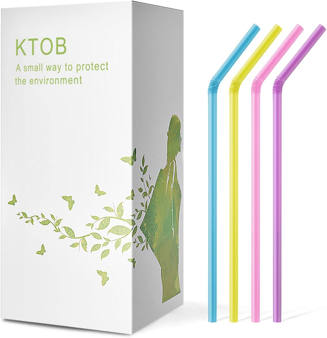 KTOB Biodegradable Flexible Drinking Straws front view pack of 200 plant-based colorful straws