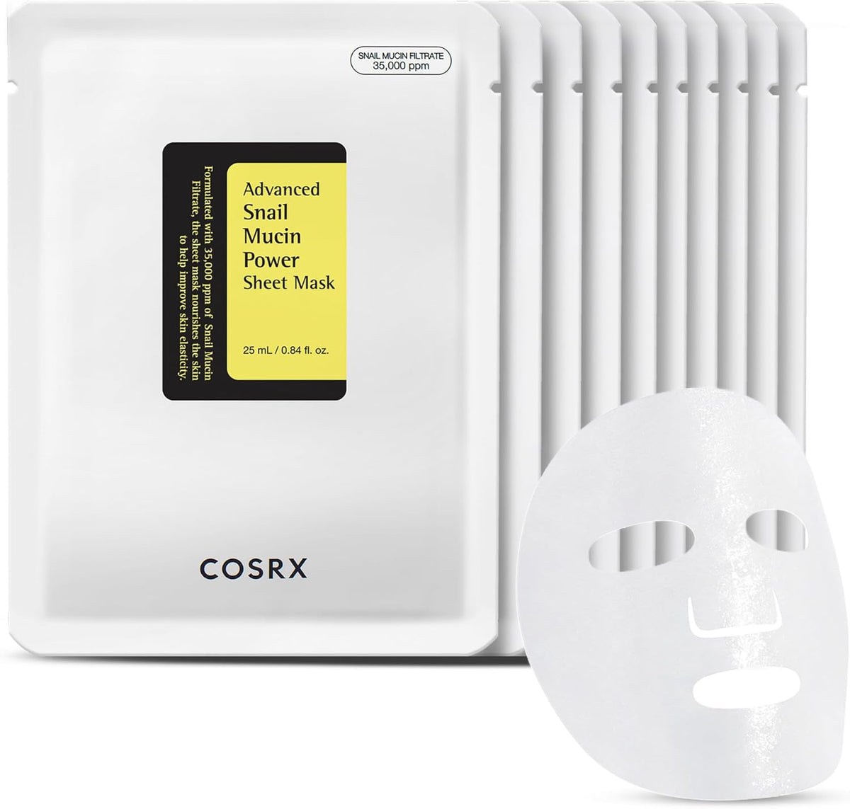 COSRX Snail Mucin Sheet Mask 10 Pieces packaging showing the snail secretion filtrate concentration