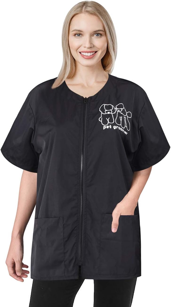 Noverlife Short Sleeves Pet Grooming Work Clothes with Full Zipper, M Size, Splash Proof Anti-Static - Image 1