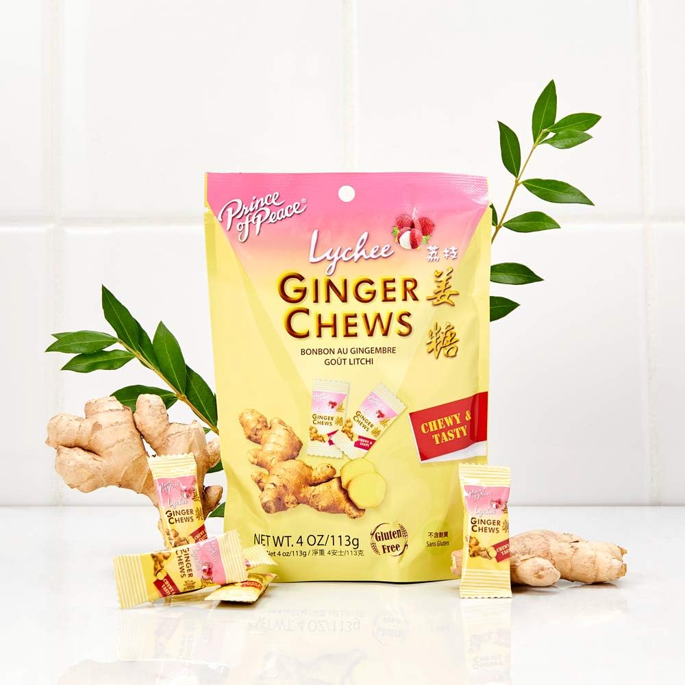 Individually wrapped Prince of Peace ginger candies with lychee flavor spilled out of the pouch.