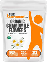 Premium imported chamomile powder packaging from BulkSupplements highlighting natural relaxation benefits.