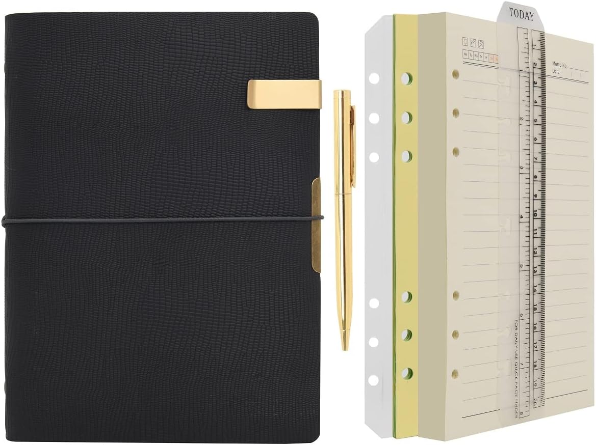 Wonderpool A5 Leather Journal Refillable Travelers Notebook Lined Paper Notebook with Pen, Writing Diary for Travel Office and Agenda Plan (A5, Black) - Image 1