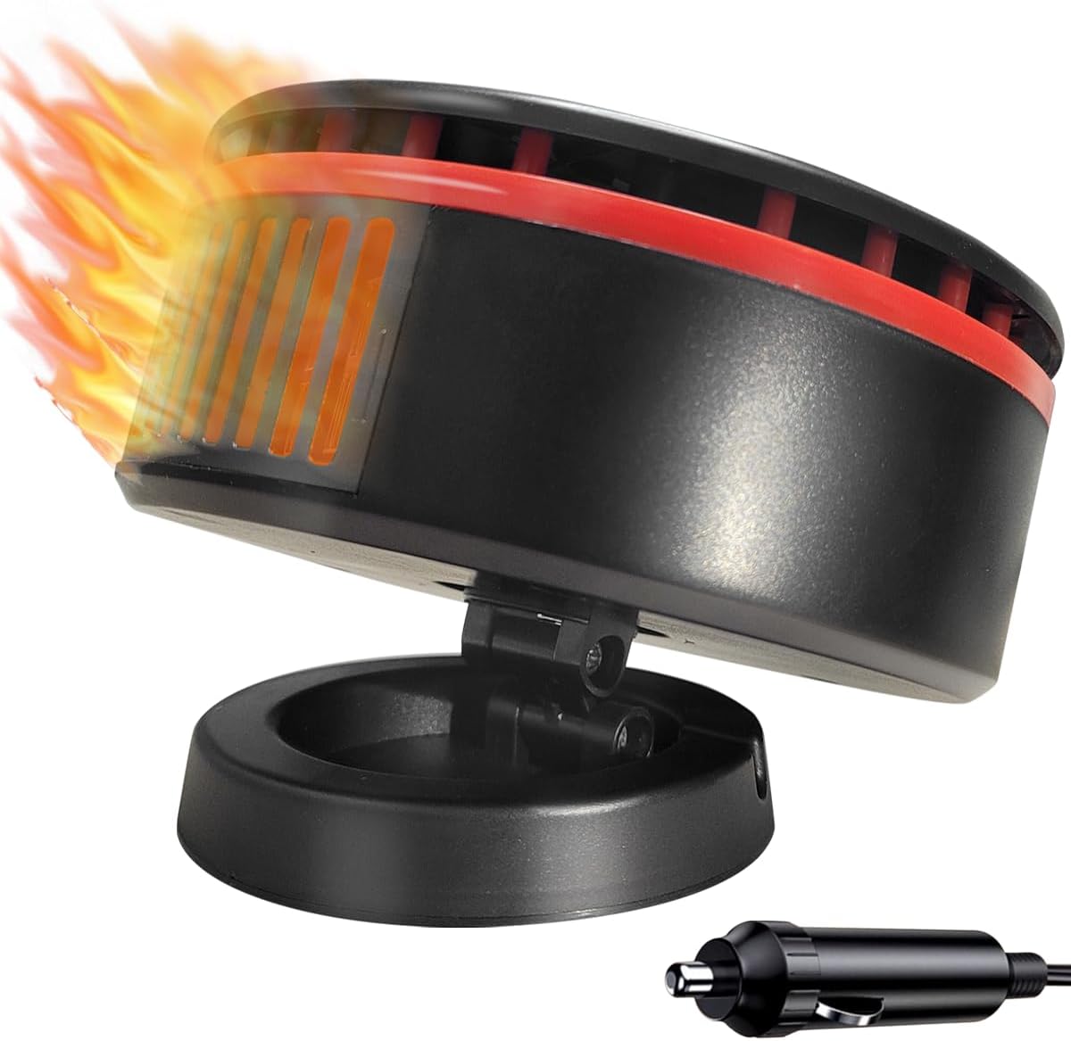 Jesscasday 12V car heater front view showcasing the compact black and red design and air export vent.