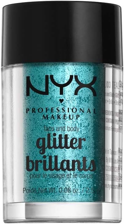 NYX professional makeup face and body glitter teal jar front view