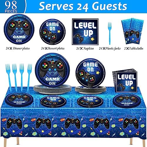 Blue gamer themed paper plates and napkins set for birthday party