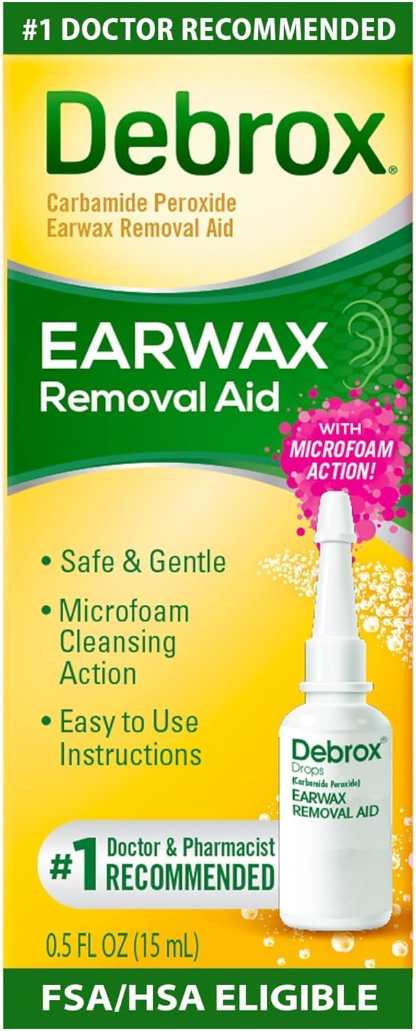 Debrox earwax removal aid kit front view packaging and bottle
