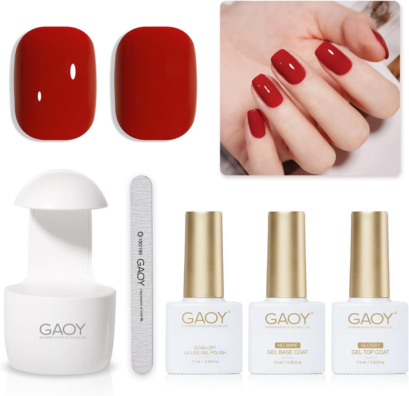 GAOY 3 Pcs Gel Nail Polish Kit with Mini UV Light, Include Ruby Red Gel Polish, Base Coat and Top Coat for Nail Art DIY at Home - Image 1