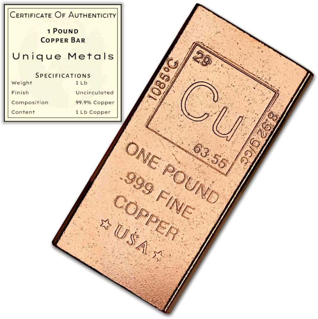 Unique Metals 1 Pound Copper Bar front view chemistry element design