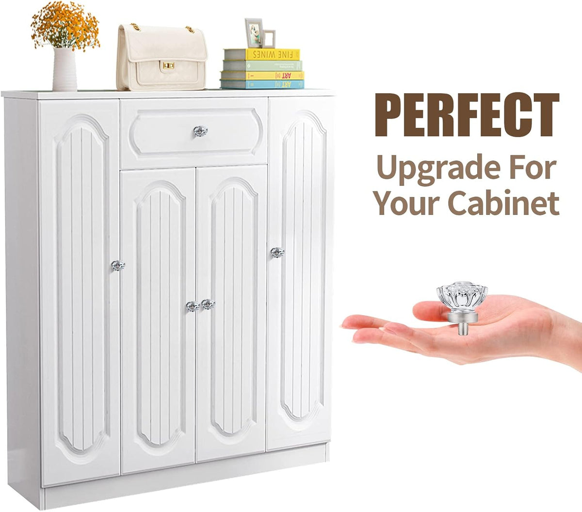 Shiny Handles glass cabinet pulls showing retro flower design