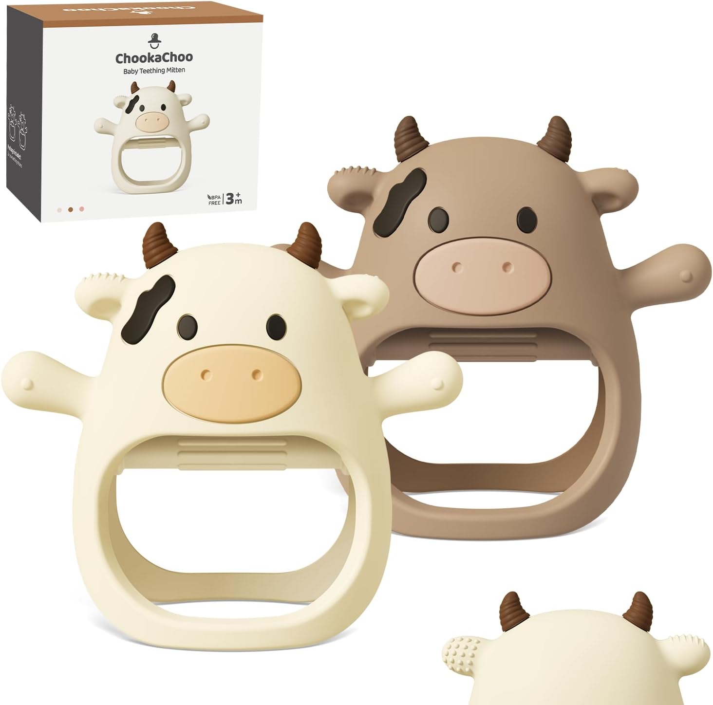 ChooKaChoo baby teething toy mitten front view showing the textured cow design for infant gum relief