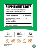 BulkSupplements Chlorella Powder back label showing nutritional facts and 3 grams serving instructions