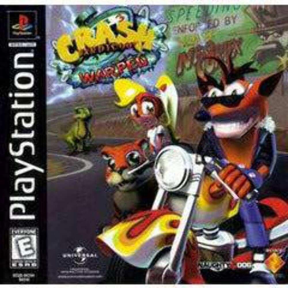 Sony Crash Bandicoot 3 Warped PlayStation game disc and front cover artwork view.