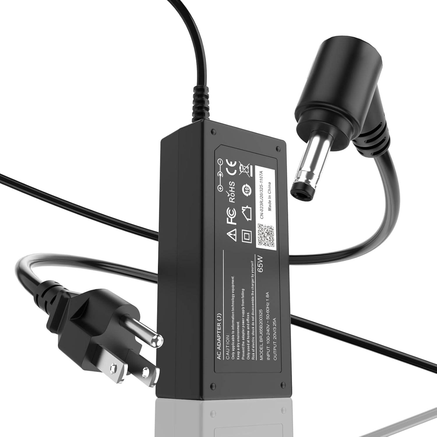 ROLADA 65W laptop charger showing the front view of the main adapter block and power cord.