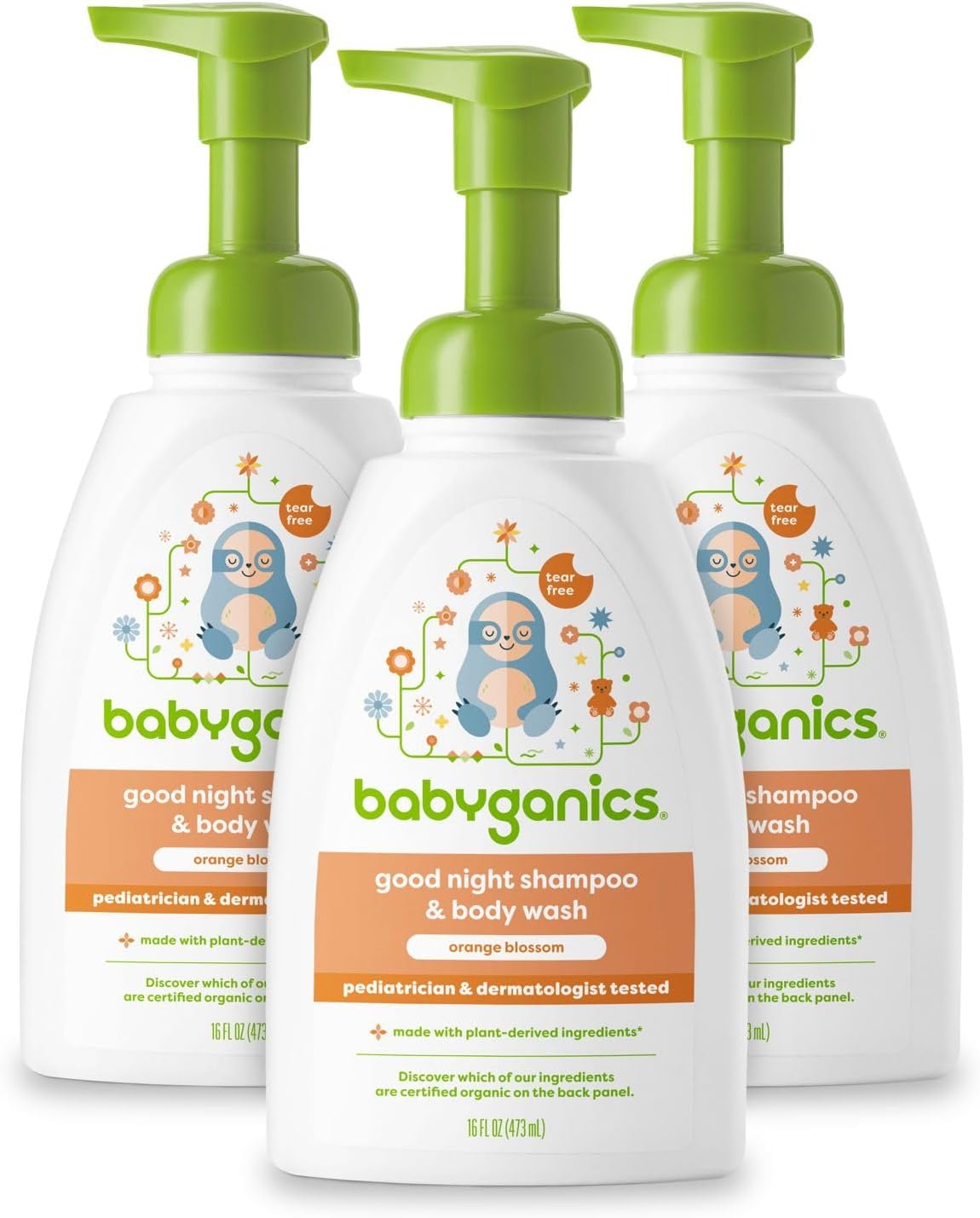 BabyGanics Baby Shampoo + Body Wash Pump Bottle, Orange Blossom, Tear-Free, 16 Fl Oz (Pack of 3), Packaging May Vary - Image 1